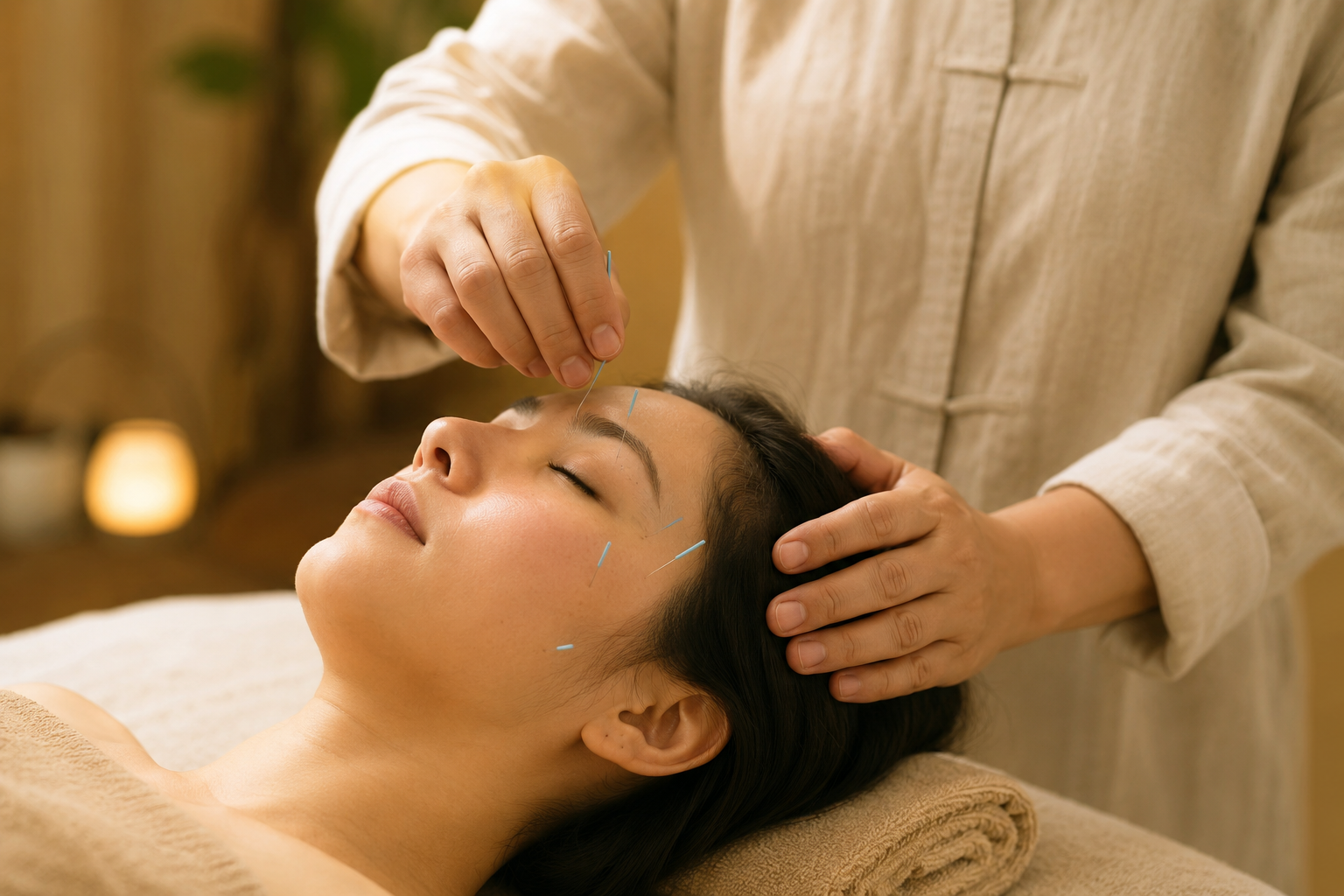 Praticien insérant de fines aiguilles d'acupuncture sur le visage d'une personne allongée, lors d'une séance de détente destinée à apaiser une rhinite allergique