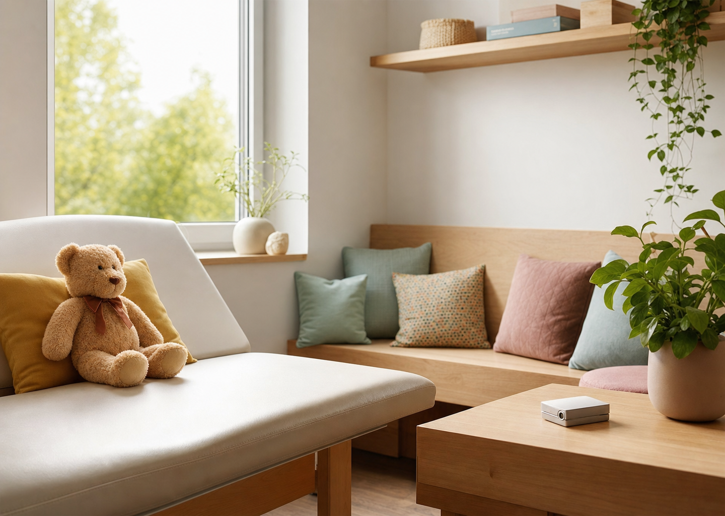 Cabinet d'acupuncture pédiatrique doux et rassurant avec peluche, coussins colorés et étui d'aiguilles fines