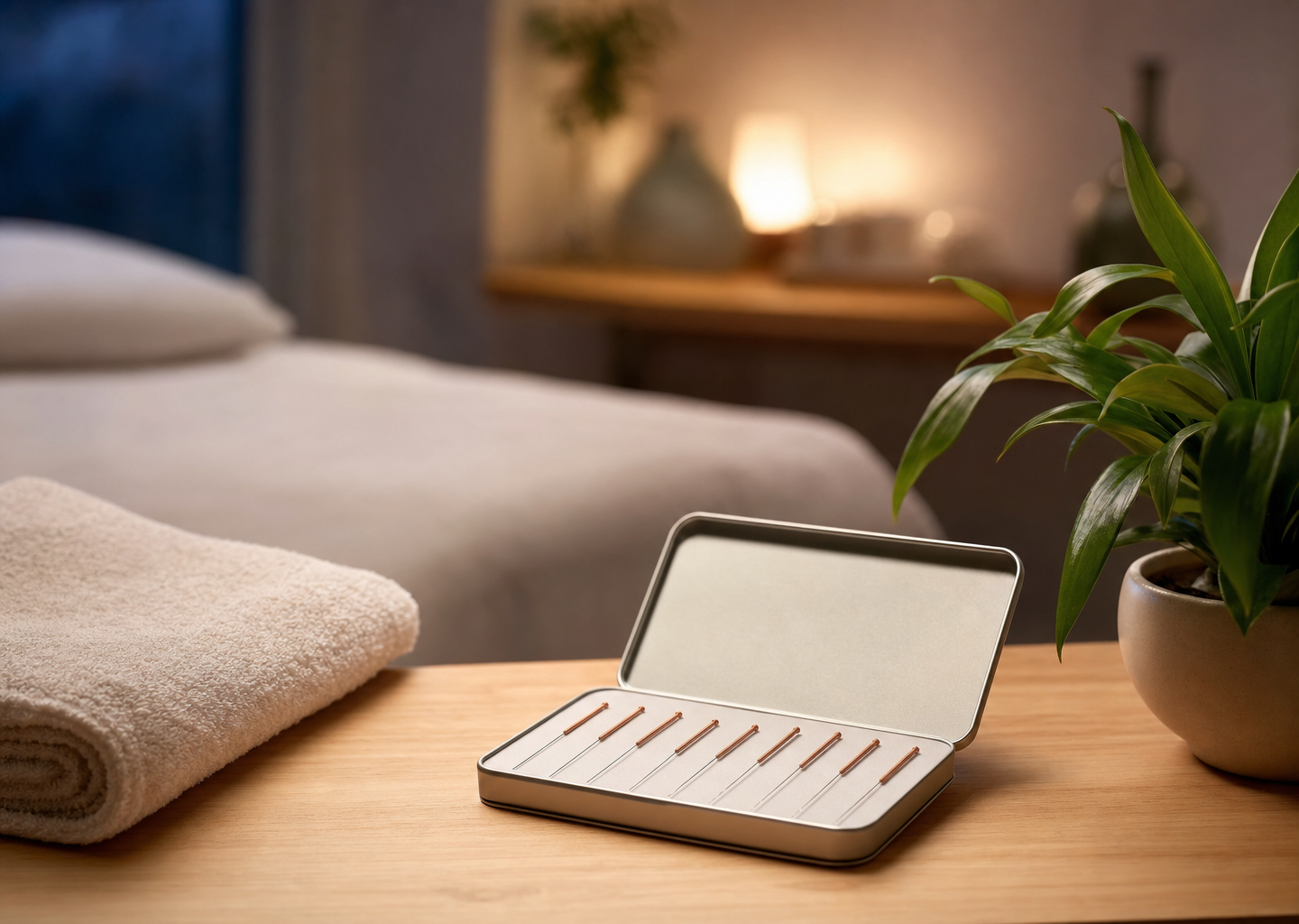 Aiguilles d'acupuncture fines dans leur étui stérile sur une table en bois clair, cabinet paisible en soirée, lumière tamisée et plante verte