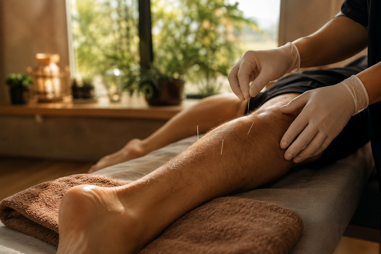 Athlète recevant de fines aiguilles d'acupuncture sur le mollet lors d'une séance de récupération en cabinet