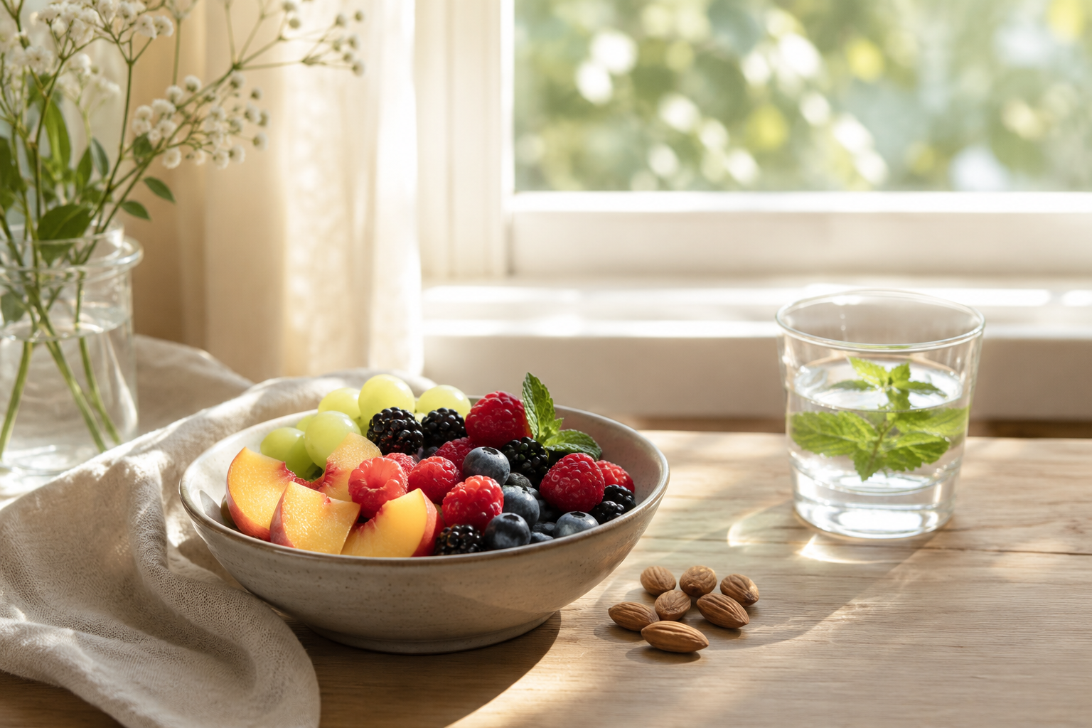 Nature morte sereine avec fruits frais, eau et lumière douce, évoquant une relation apaisée et équilibrée à l'alimentation