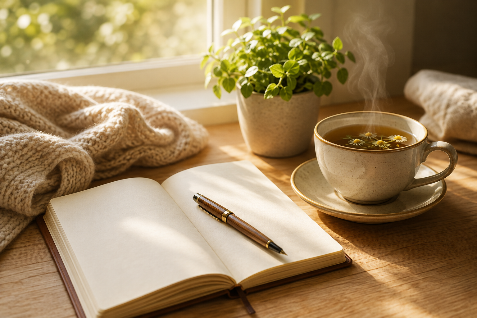 Carnet ouvert, tasse de tisane et plante verte sur un bureau en bois baigné d'une douce lumière matinale