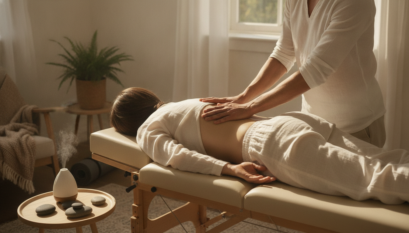 Illustration sereine évoquant : L'Ajustement Vertébral en Chiropraxie : Technique et Bienfaits