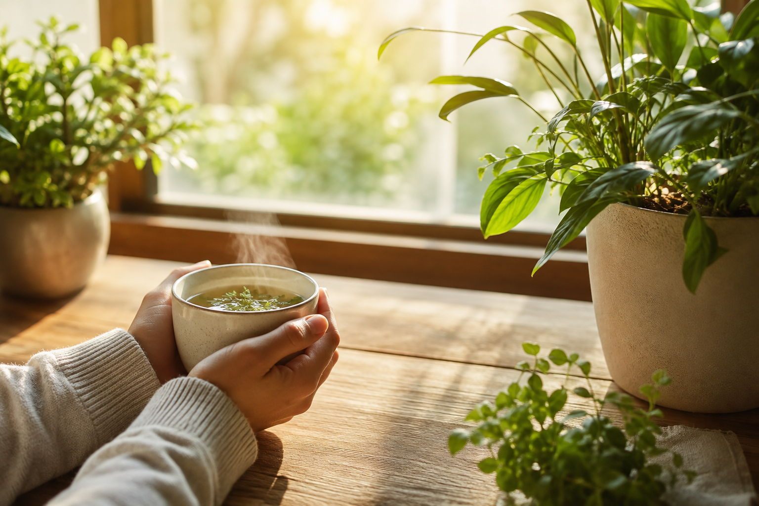 Ambiance apaisante de renouveau : mains tenant une tasse de tisane près d'une fenêtre lumineuse, symbole d'un accompagnement bienveillant