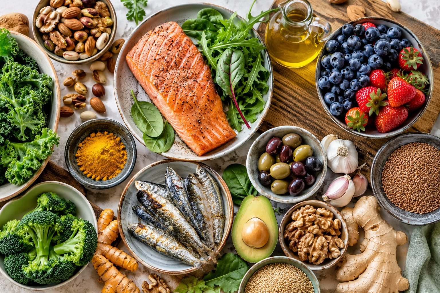 Table colorée d'aliments anti-inflammatoires : poissons gras, légumes verts, baies, huile d'olive, noix et curcuma