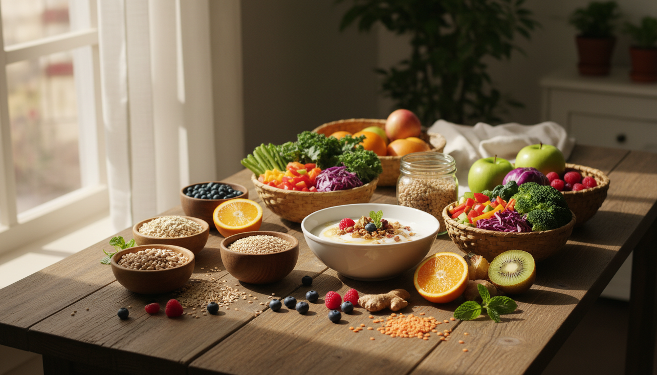 Illustration sereine évoquant une alimentation favorable à une bonne digestion : légumes, fruits et aliments riches en fibres.