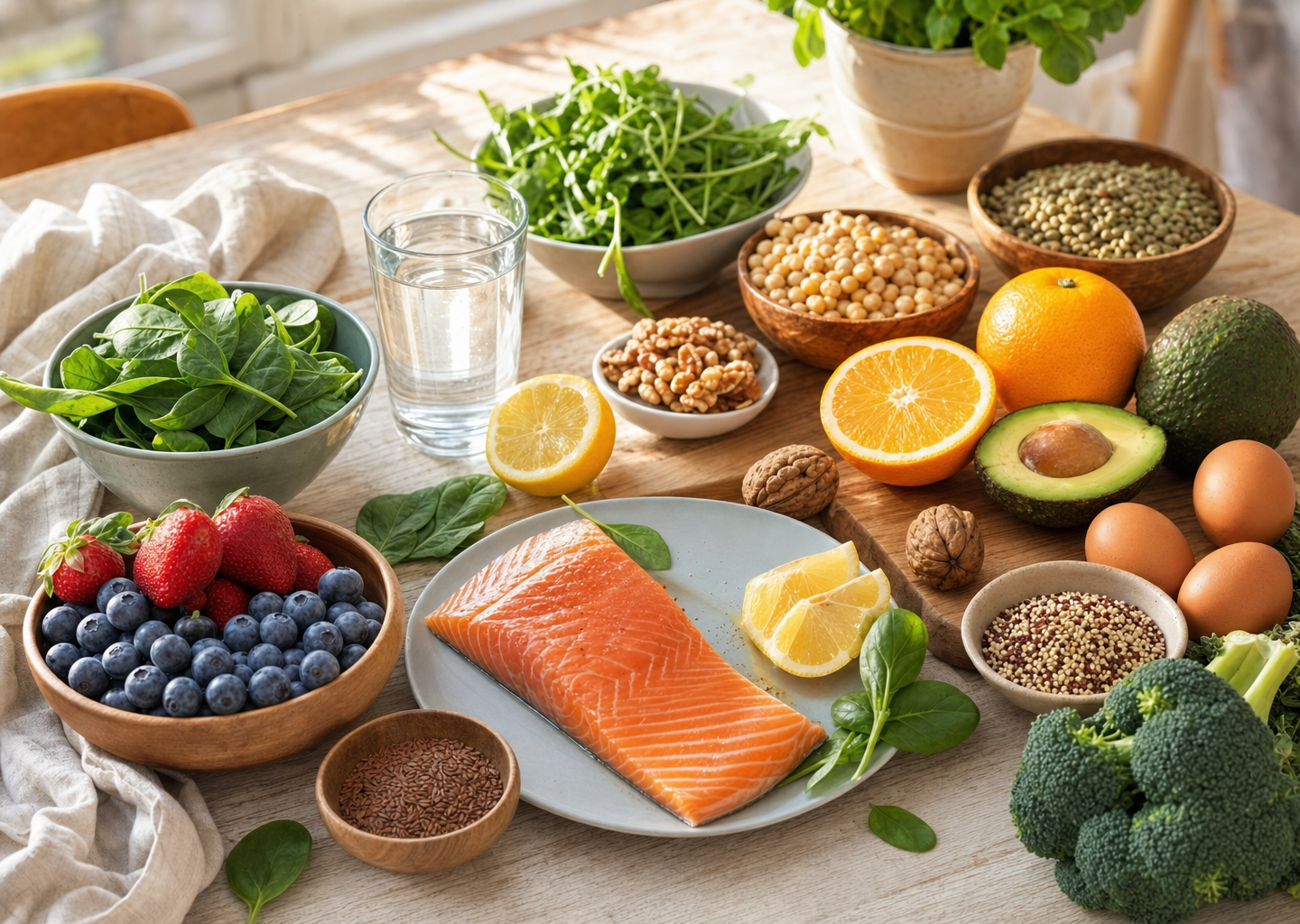 Table lumineuse garnie d'aliments frais riches en folate, oméga-3 et antioxydants soutenant la fertilité du couple