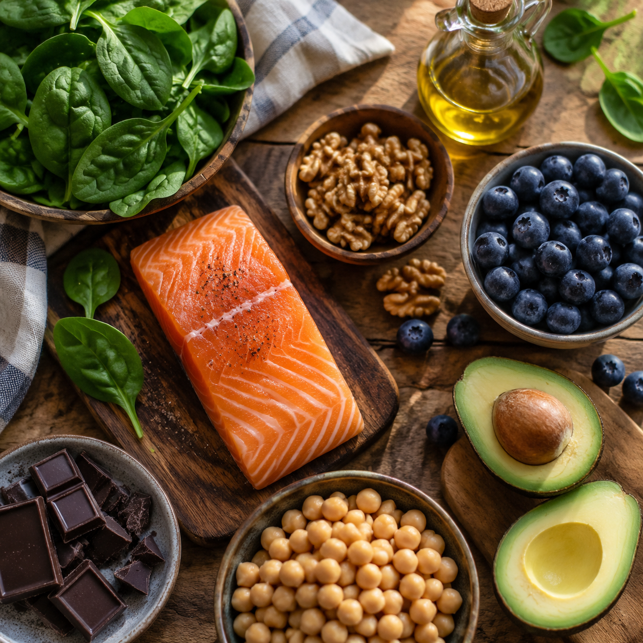 Table en bois garnie d'aliments frais et colorés bénéfiques pour l'humeur : légumes verts, saumon, noix, baies, avocat et chocolat noir
