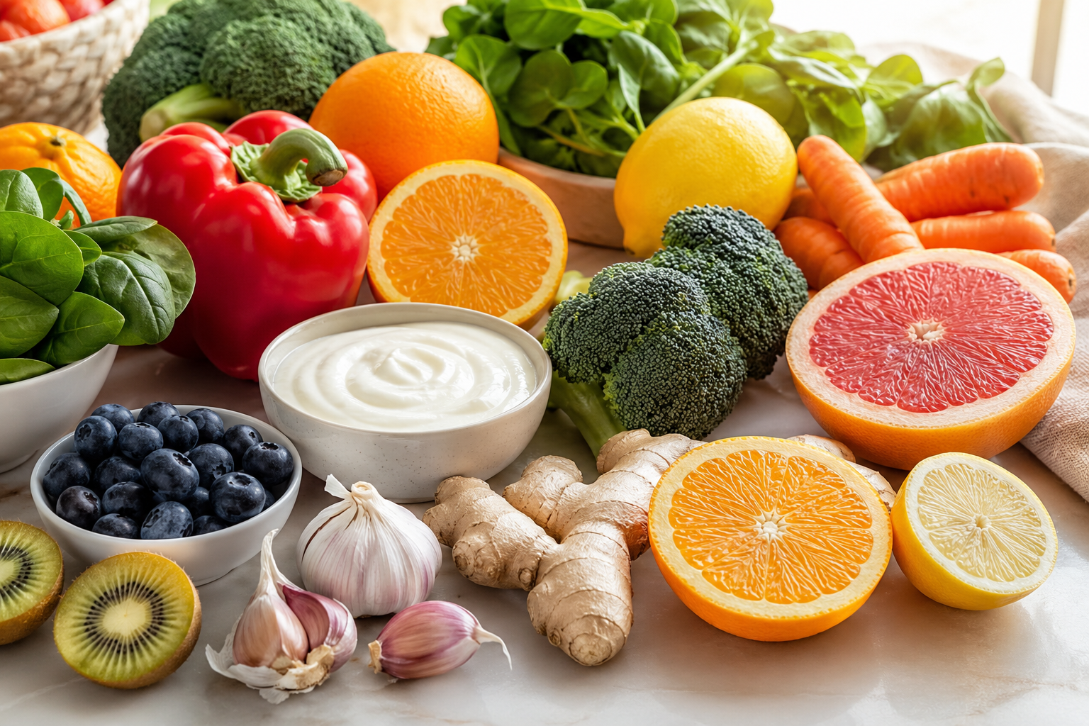 Aliments riches en vitamines pour soutenir l'immunité : agrumes, légumes colorés, ail, gingembre et yaourt