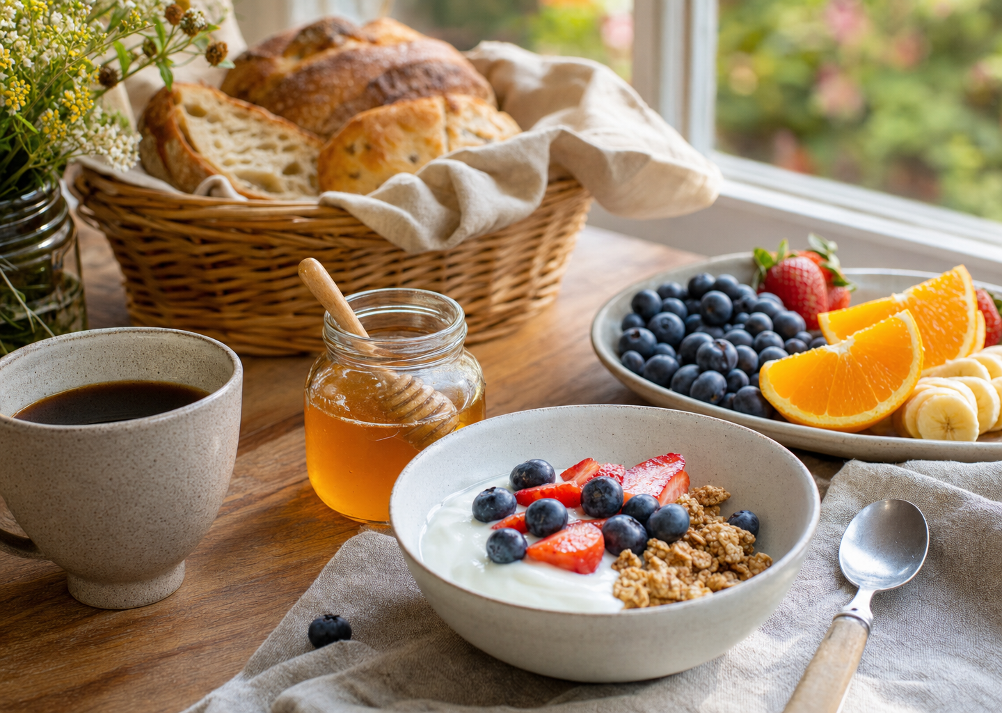Table de petit-déjeuner colorée et variée près d'une fenêtre : fruits frais, pain, yaourt et café dans une lumière naturelle joyeuse