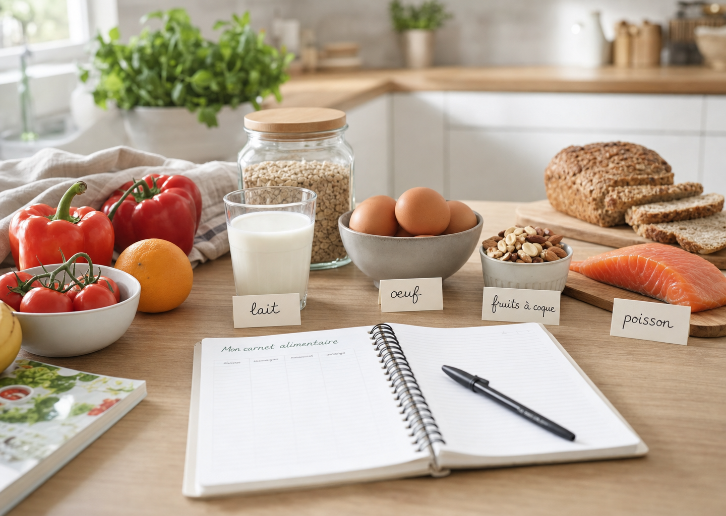 Plan de travail de cuisine lumineux avec aliments frais variés étiquetés et carnet de suivi alimentaire pour la gestion des allergies alimentaires