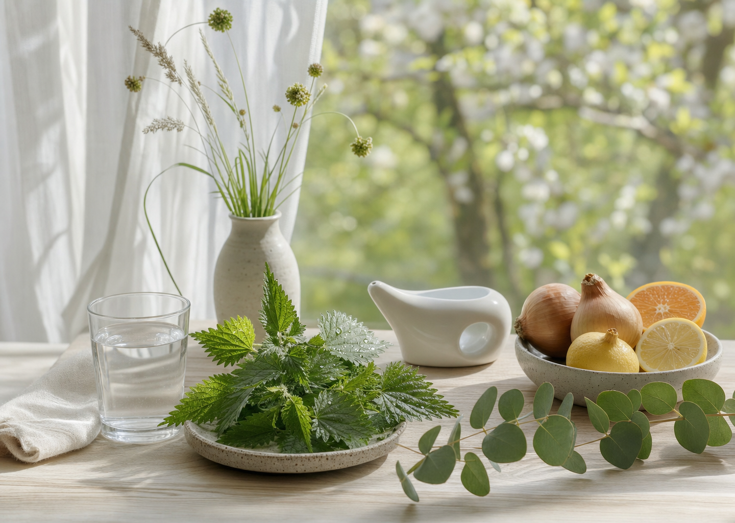 Composition bien-être sur une table près d une fenêtre au printemps : verre d eau, feuilles d ortie, brin d eucalyptus et pot de lavage nasal pour soulager les allergies saisonnières