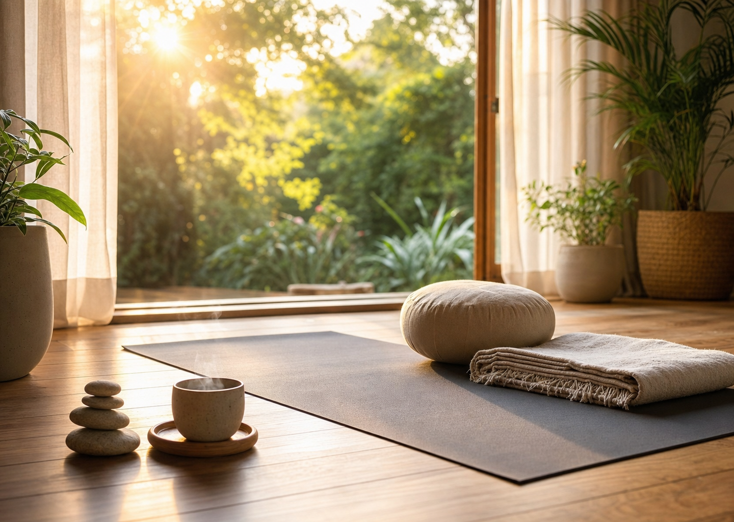Espace de yoga et de méditation lumineux et apaisant avec tapis, coussin, galets et tasse de thé, évoquant les approches corps-esprit contre la douleur chronique