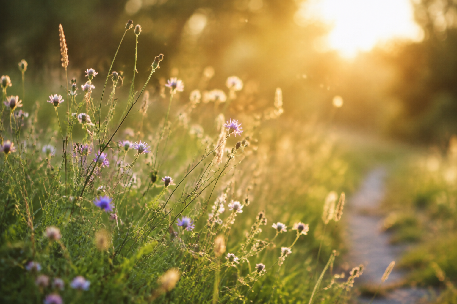 Prairie fleurie apaisante au soleil, pollen léger flottant dans la lumière, ambiance de bien-être et de respiration