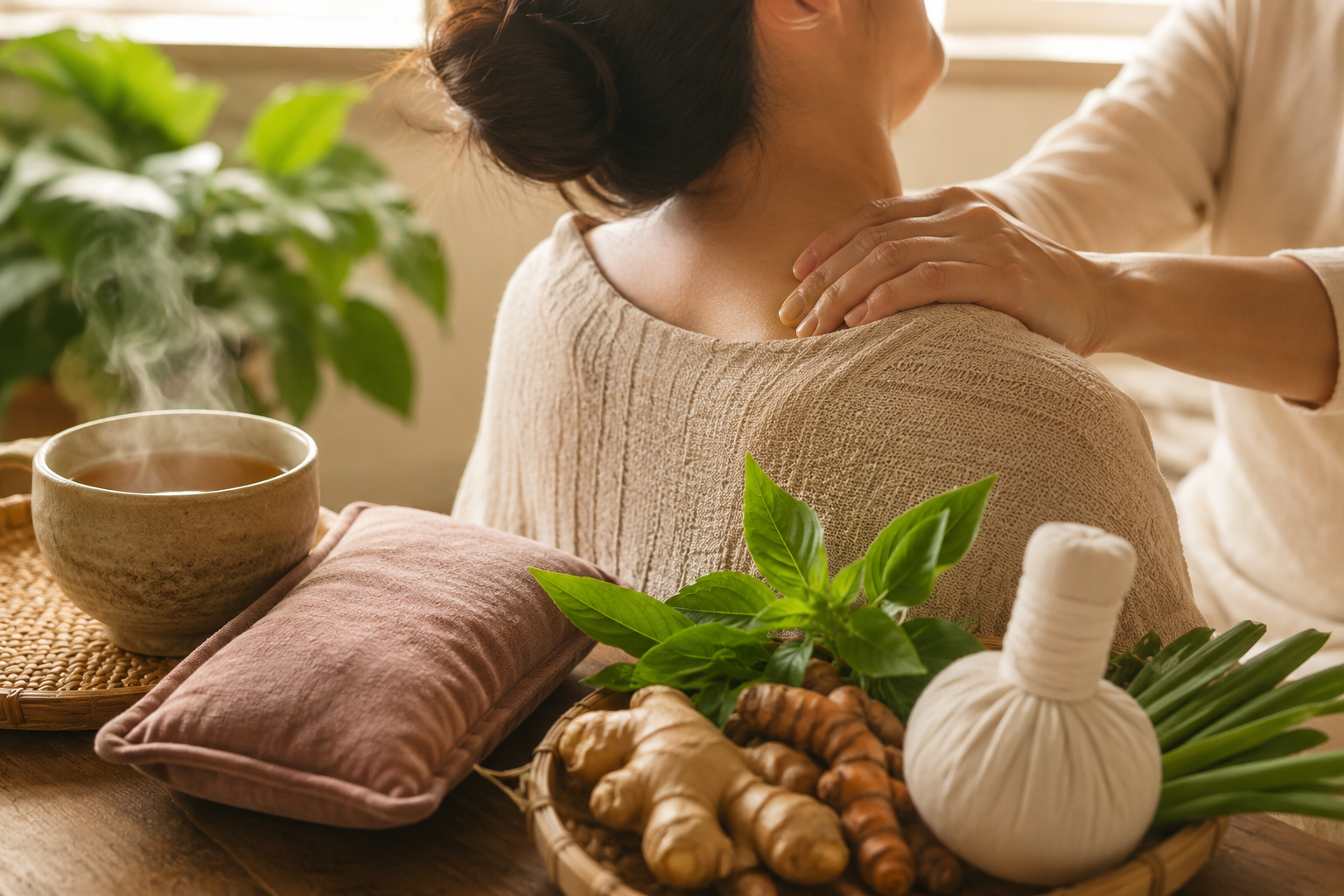 Mains apaisantes lors d un massage doux avec plantes et chaleur, approches naturelles complementaires de la douleur