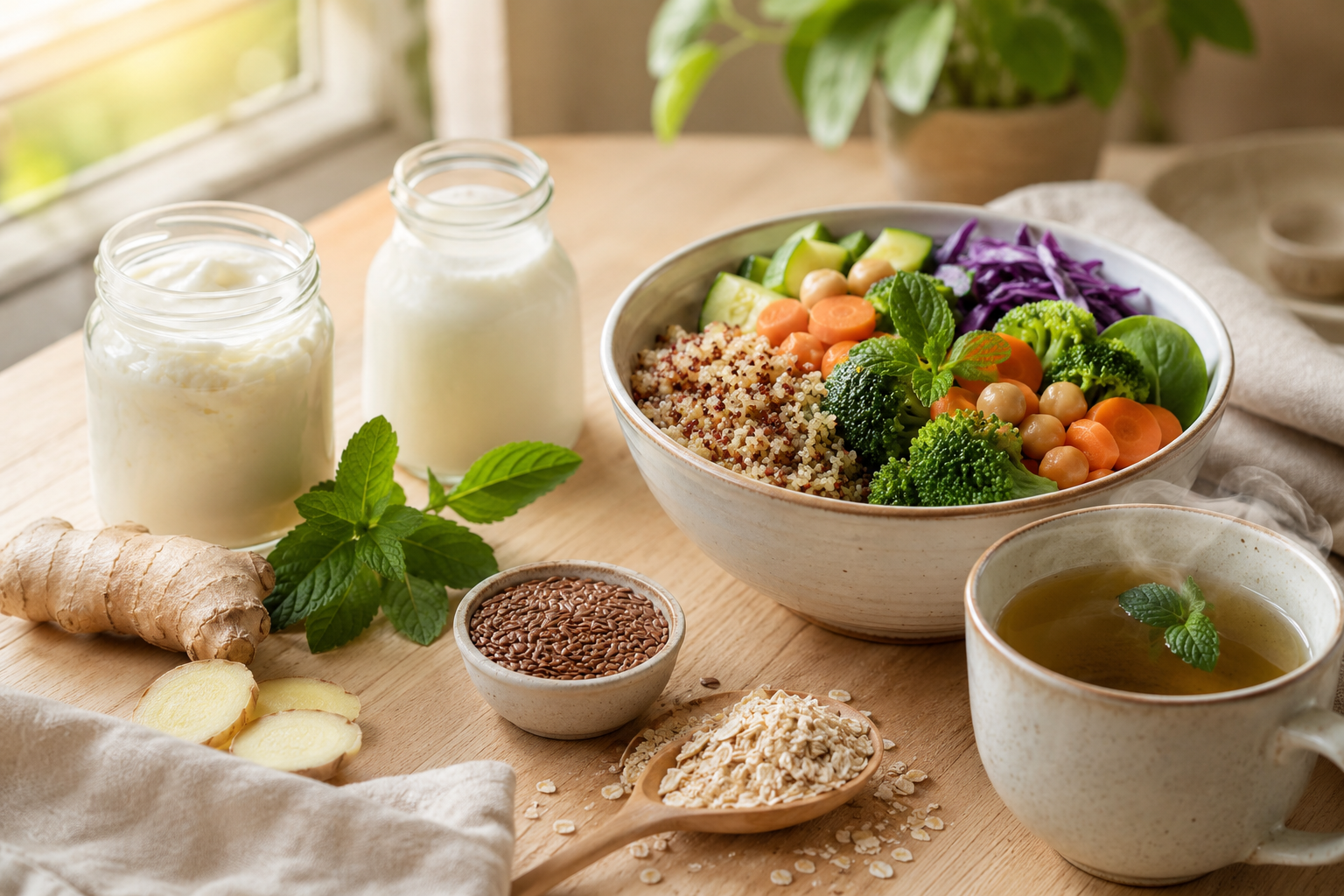 Aliments favorables à la digestion : gingembre, menthe, yaourt et kéfir, légumes riches en fibres et tisane sur une table en bois