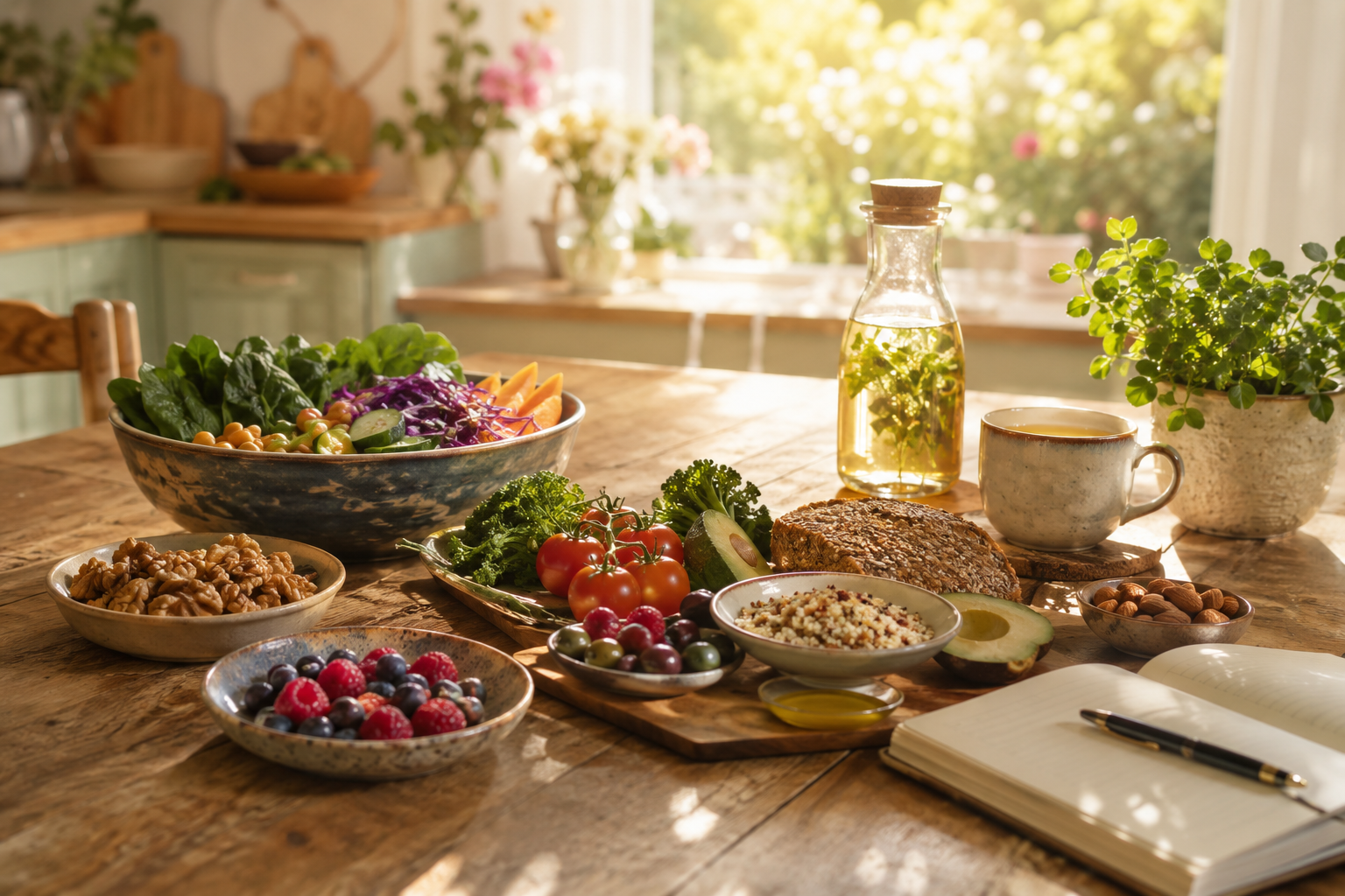 Table en bois garnie d'aliments frais de type méditerranéen dans une cuisine lumineuse, évoquant un mode de vie favorable à la fertilité