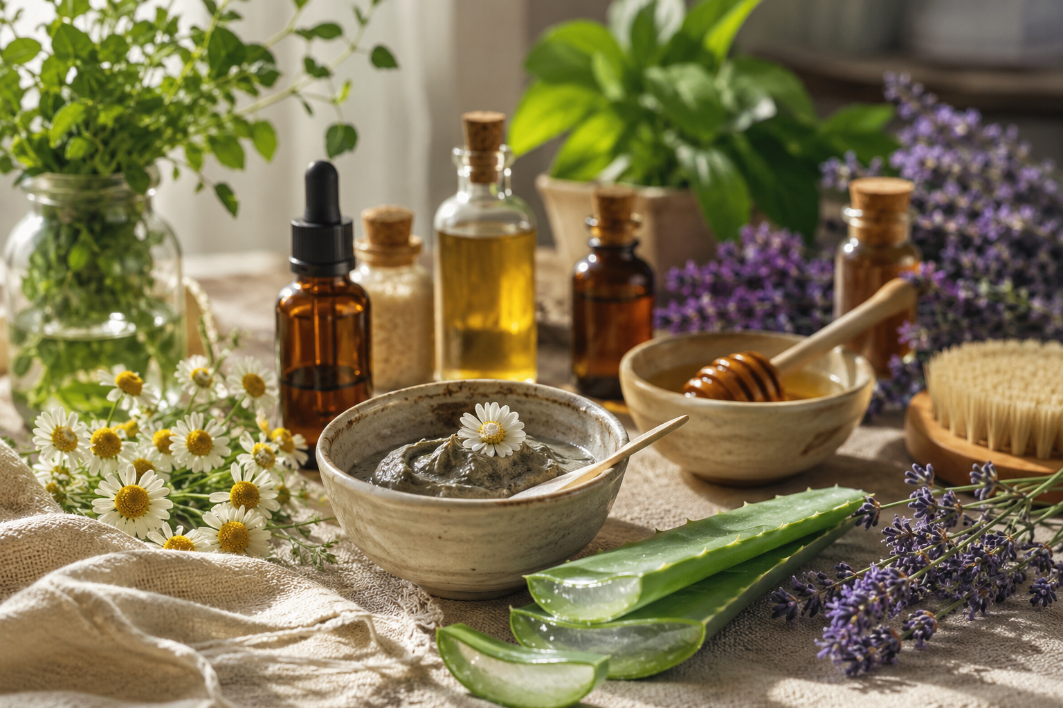 Composition de soins naturels pour la peau : plantes vertes, aloe vera, fleurs de camomille et lavande, huiles végétales et argile sur fond clair lumineux