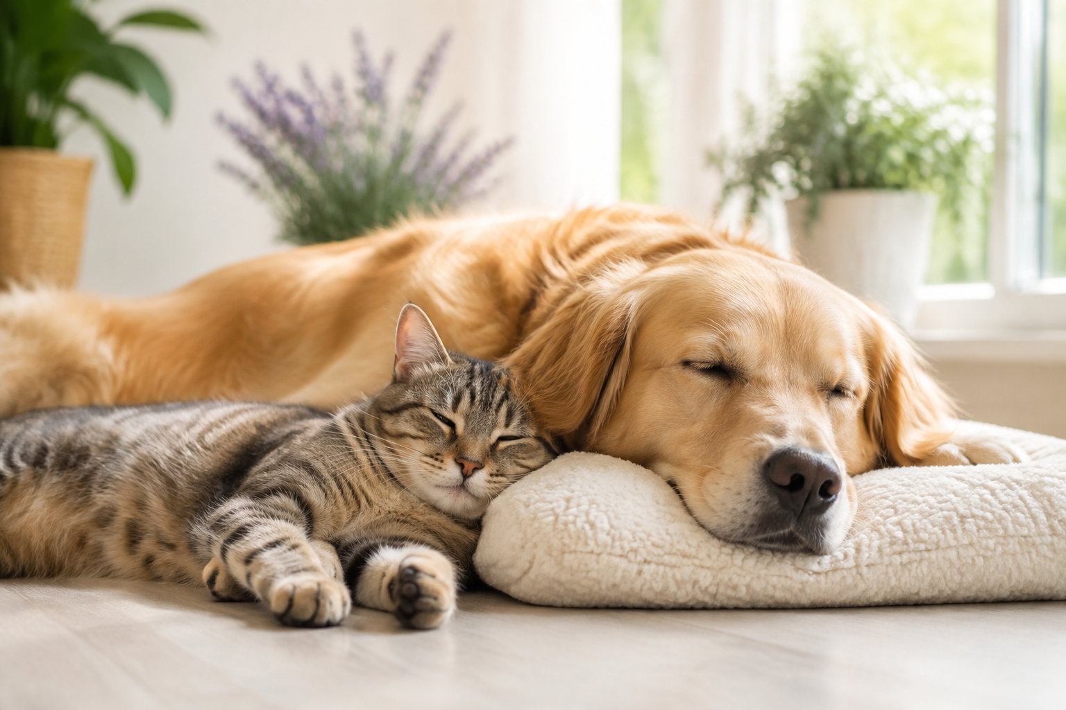 Un chien et un chat sereins et en bonne santé au repos dans un intérieur lumineux avec quelques plantes