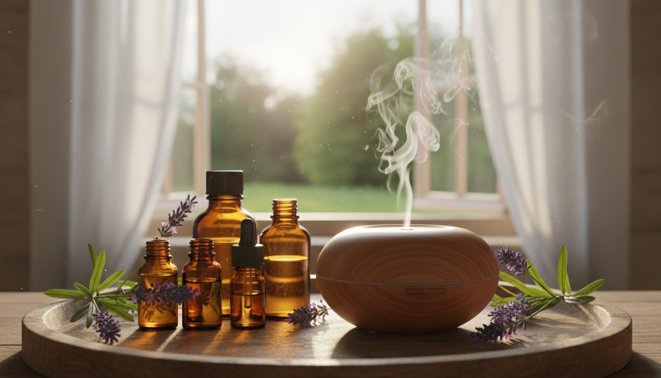 Flacons d'huiles essentielles ambrés avec brins de lavande et vapeur d'un diffuseur en bois, lumière dorée