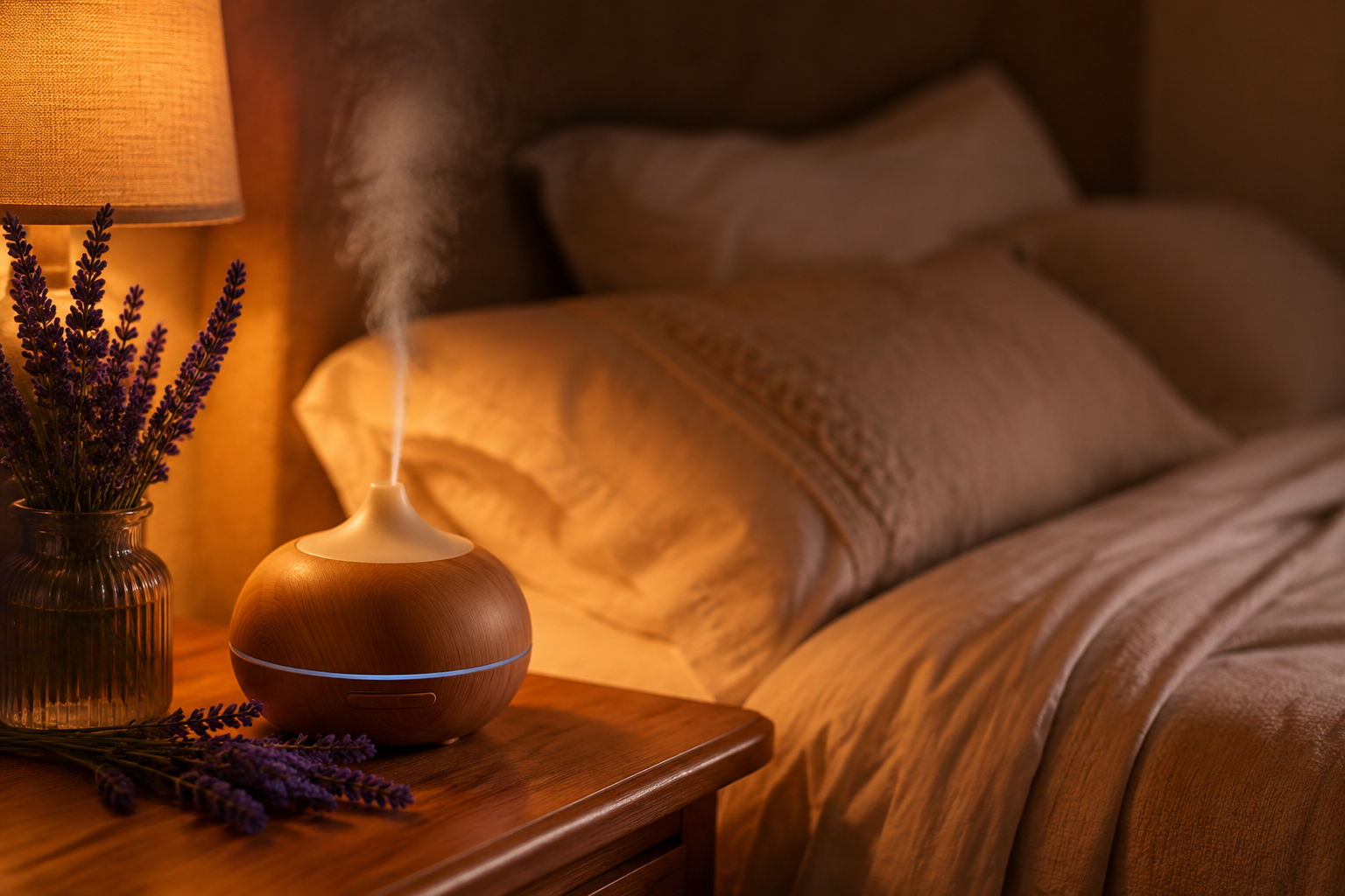 Diffuseur d'huiles essentielles et brins de lavande sur une table de chevet dans une chambre apaisante le soir