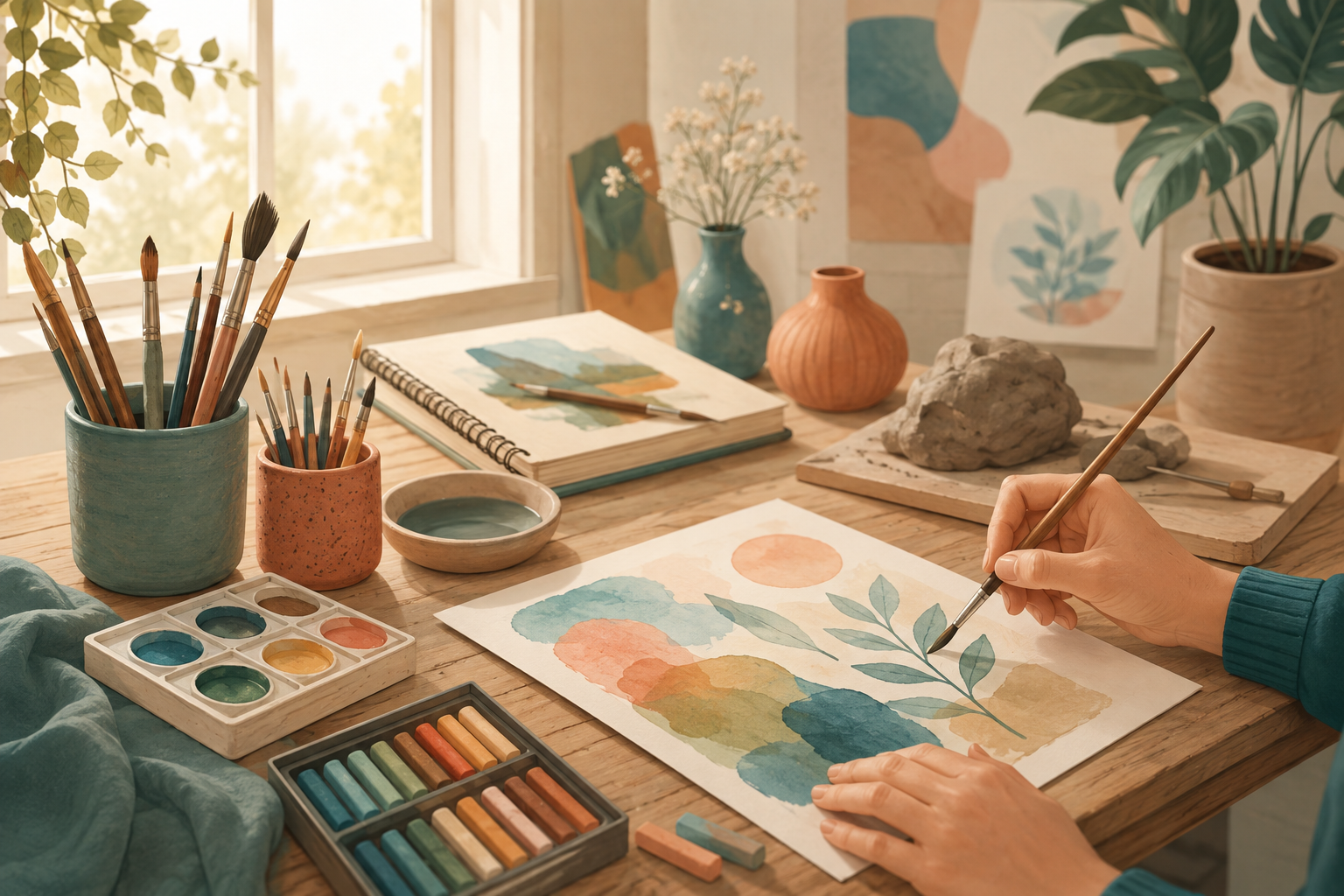 Illustration d'art-thérapie : mains peignant dans un atelier lumineux, avec pastels et argile, dans une ambiance apaisante.