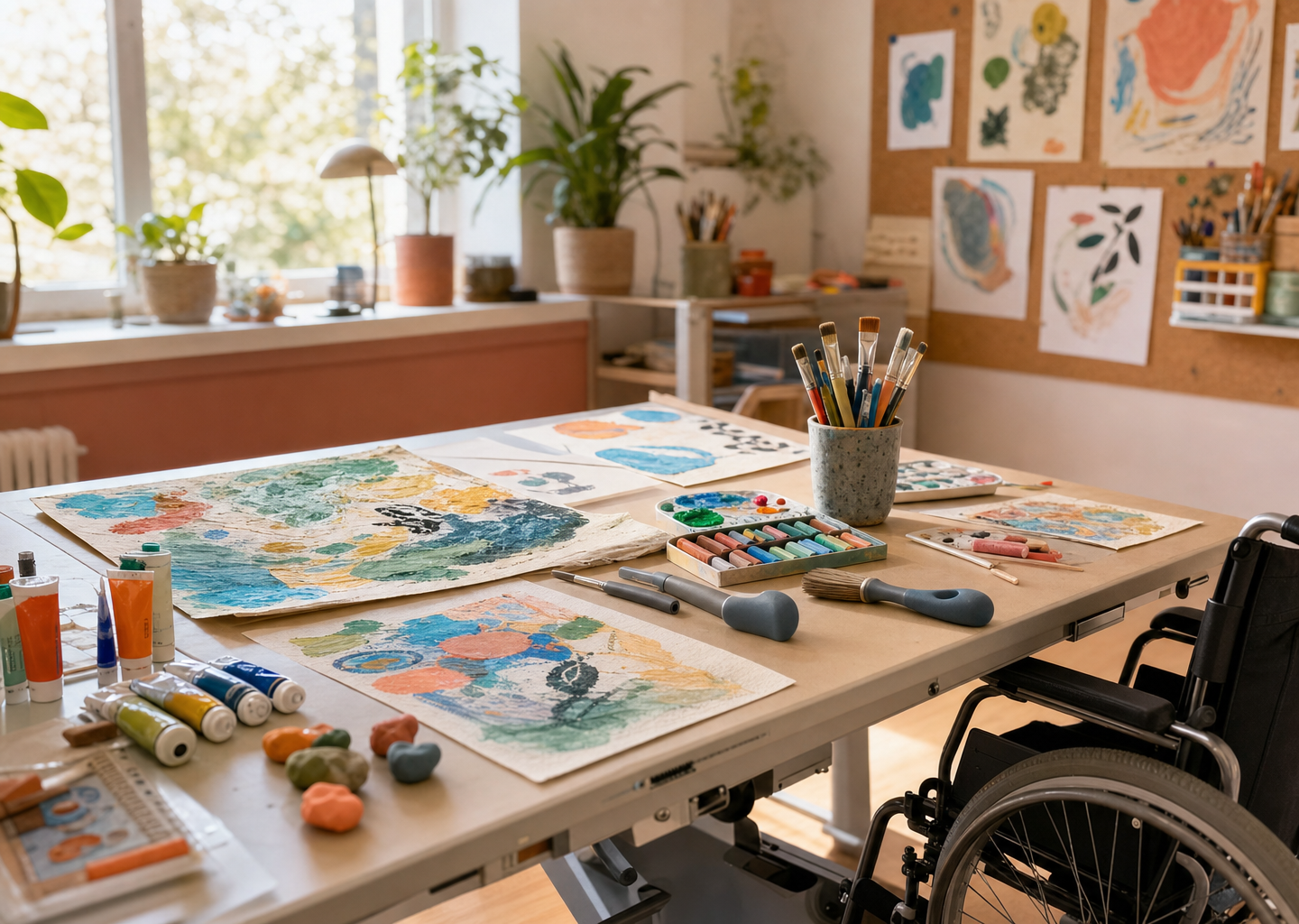 Atelier d'art-thérapie lumineux et inclusif avec du matériel créatif coloré sur une table adaptée