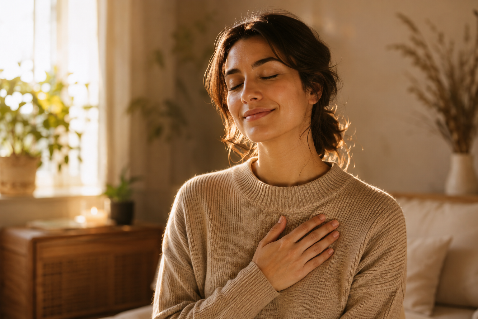 Personne apaisée, une main posée sur le cœur, exprimant douceur et bienveillance envers elle-même dans une lumière chaleureuse