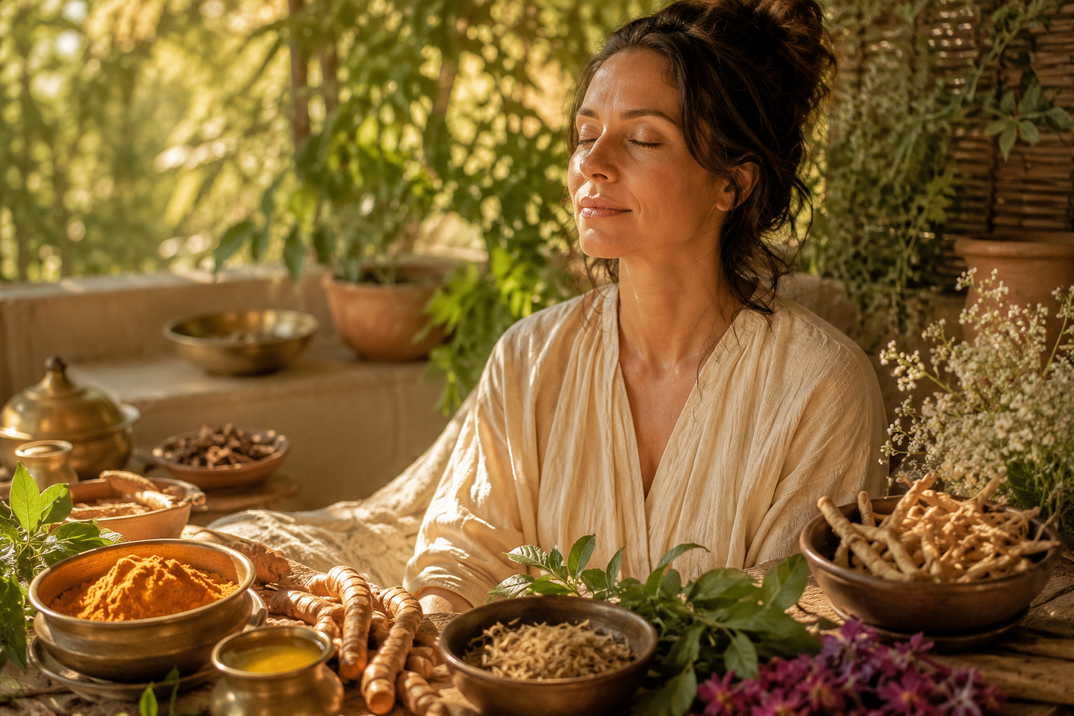 Femme sereine entourée de plantes et d'épices ayurvédiques dans une lumière douce et chaleureuse