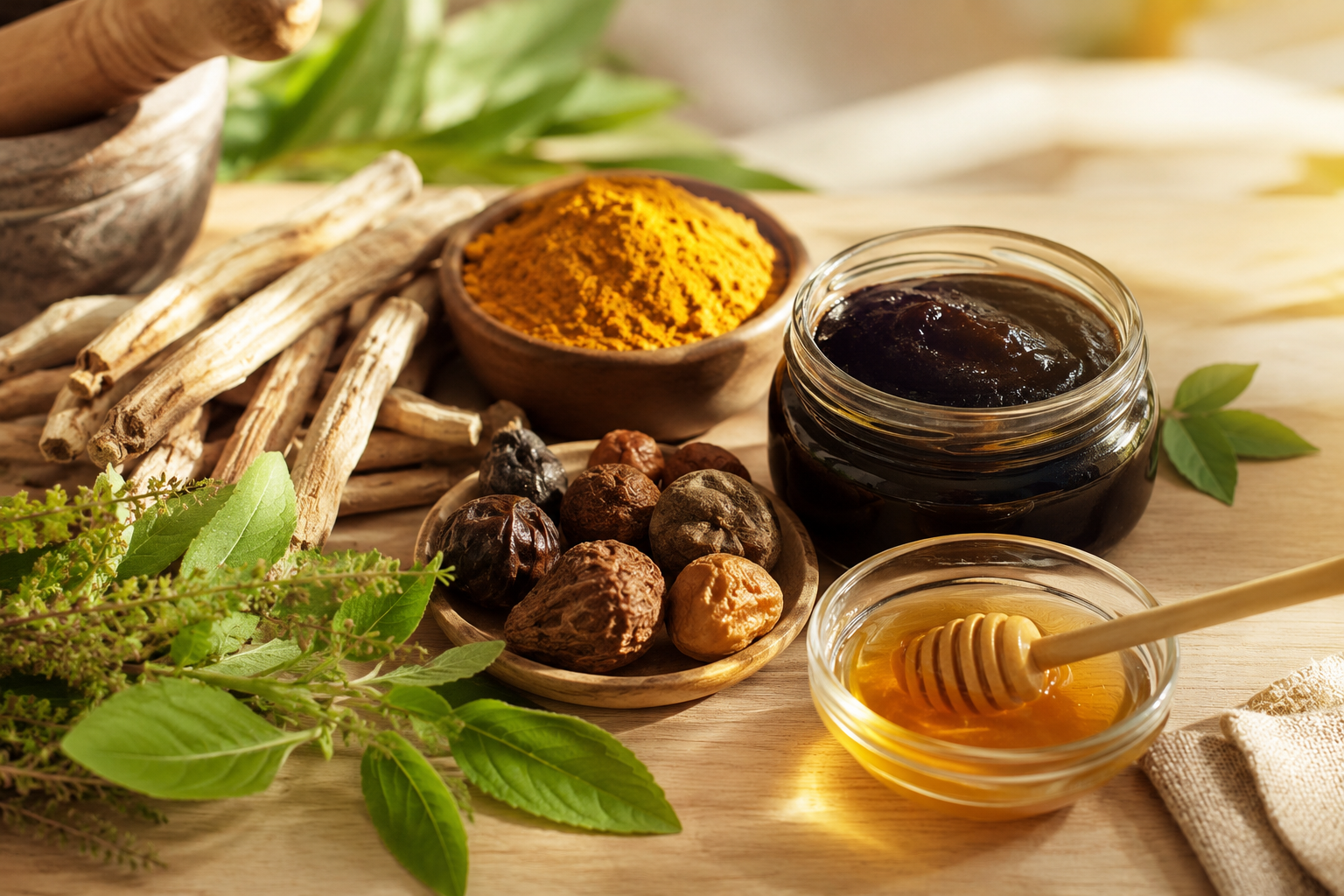 Composition ayurvédique pour soutenir l'immunité : racine d'ashwagandha, poudre de curcuma, feuilles de tulsi, fruits de triphala, chyawanprash et miel sur une table en bois clair