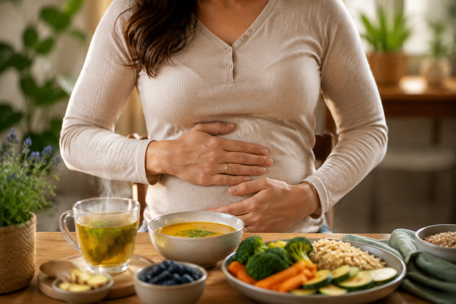 Femme souriante posant les mains sur un ventre détendu, entourée d'aliments digestes et d'une tisane, illustrant le confort digestif retrouvé face aux ballonnements et aux gaz