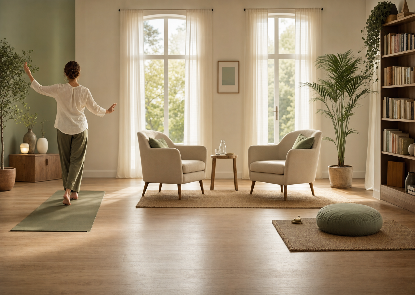 Studio de sophrologie lumineux avec trois espaces de pratique illustrant les branches dynamique, analytique et existentielle de la sophrologie