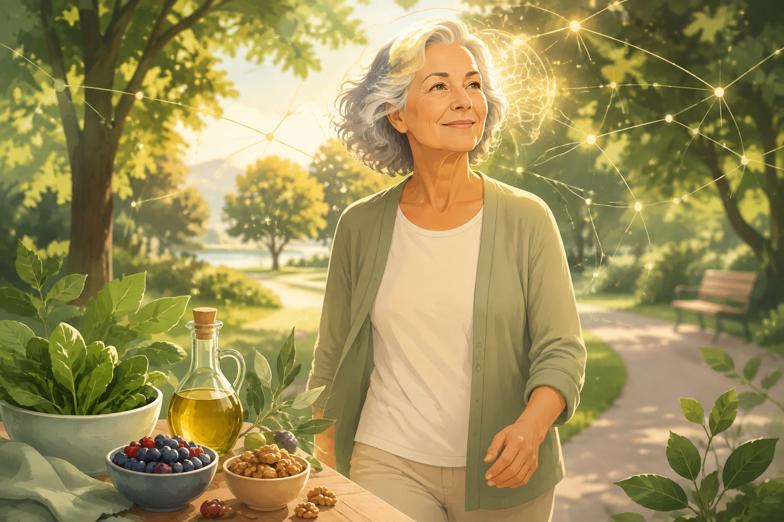 Femme senior souriante marchant dans un parc verdoyant, illustration sur la santé du cerveau et la prévention du déclin cognitif