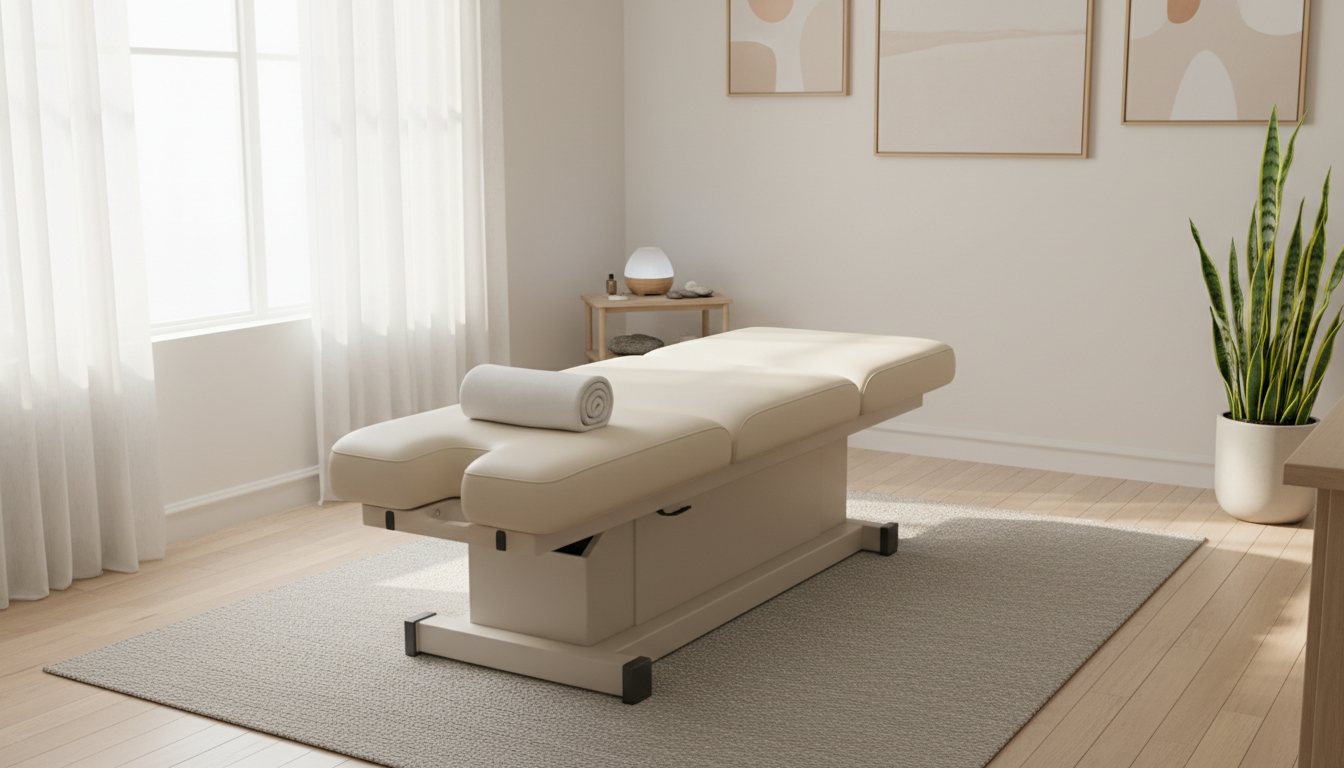 Salle de chiropraxie lumineuse et apaisante avec table de soin, serviette pliée et plante verte, ambiance professionnelle sereine
