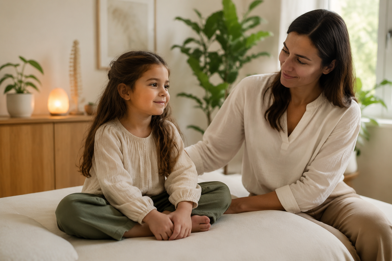 Jeune enfant serein et détendu dans un cabinet de bien-être lumineux, ambiance douce et rassurante