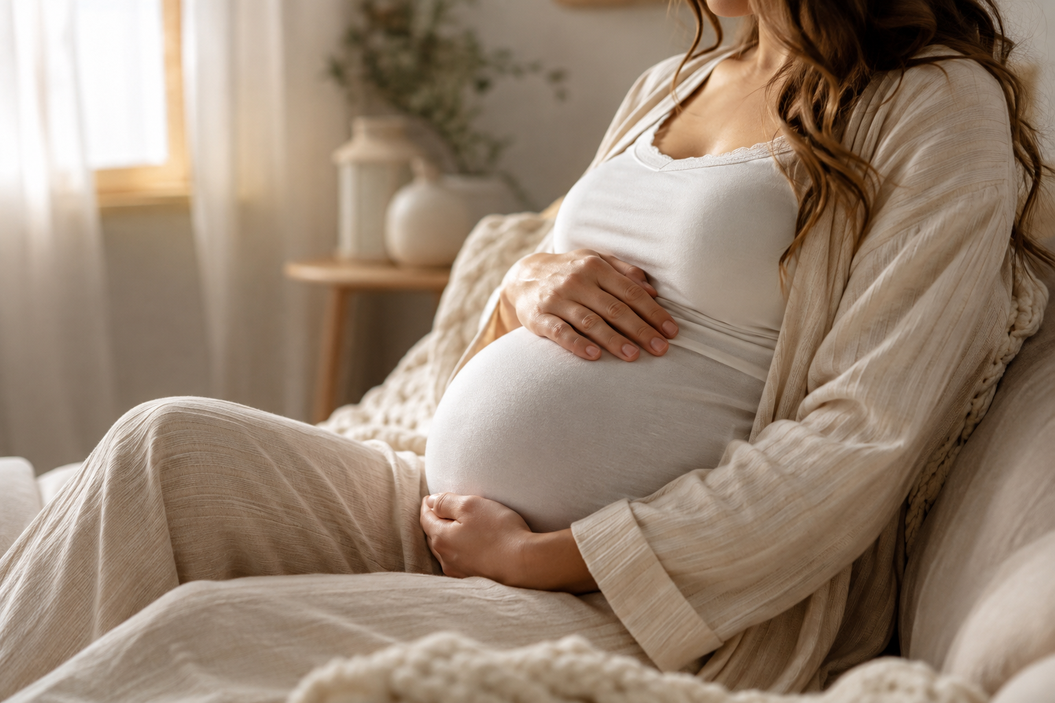 Femme enceinte sereine posant les mains sur son ventre, ambiance douce et rassurante