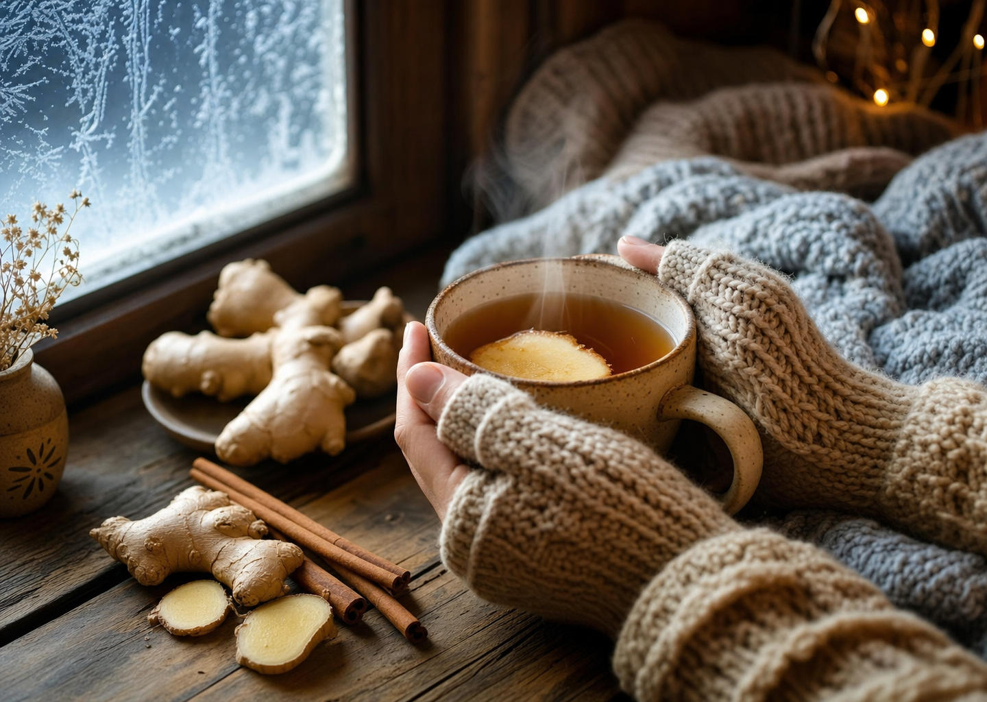 Mains gantées de laine tenant une tasse de tisane au gingembre près d'une fenêtre givrée, pour réchauffer les extrémités en hiver