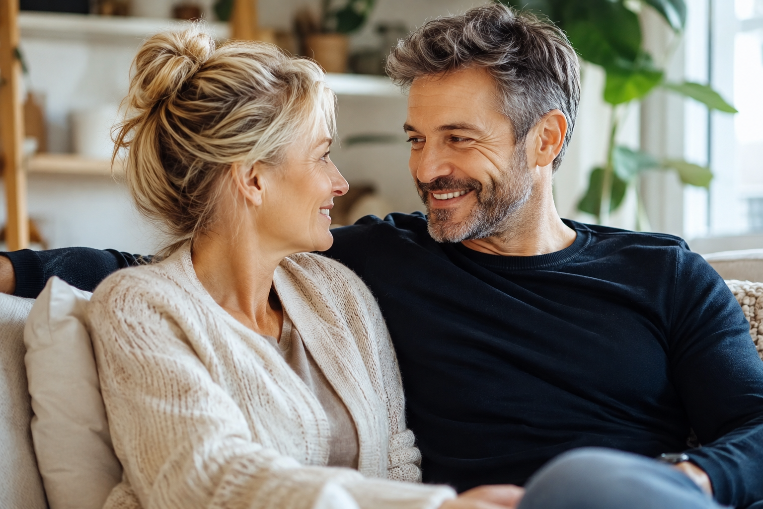 Couple complice et serein en dialogue bienveillant dans une ambiance chaleureuse et lumineuse