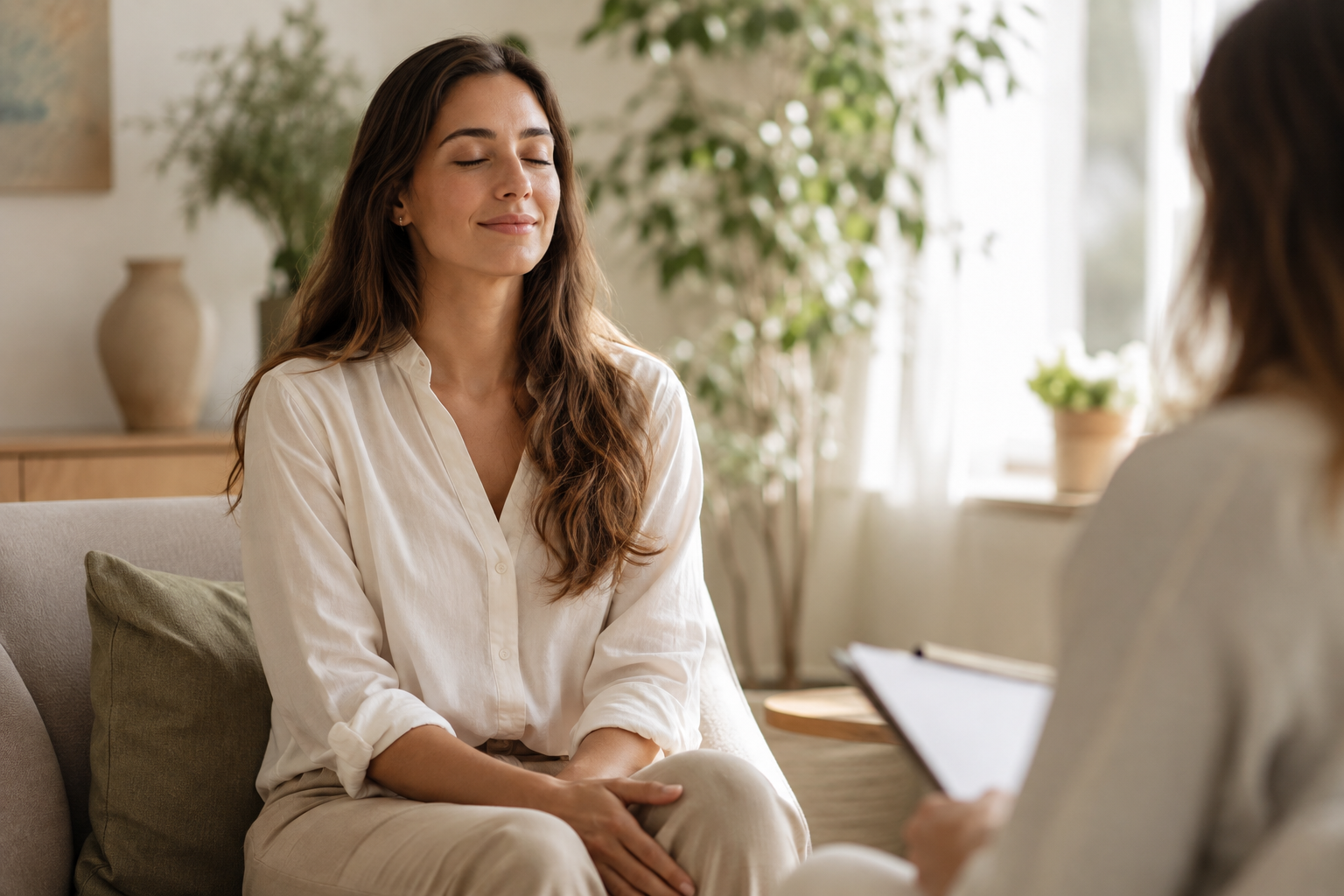 Personne sereine et émotionnellement équilibrée lors d'une séance de coaching bien-être dans une pièce lumineuse et apaisante