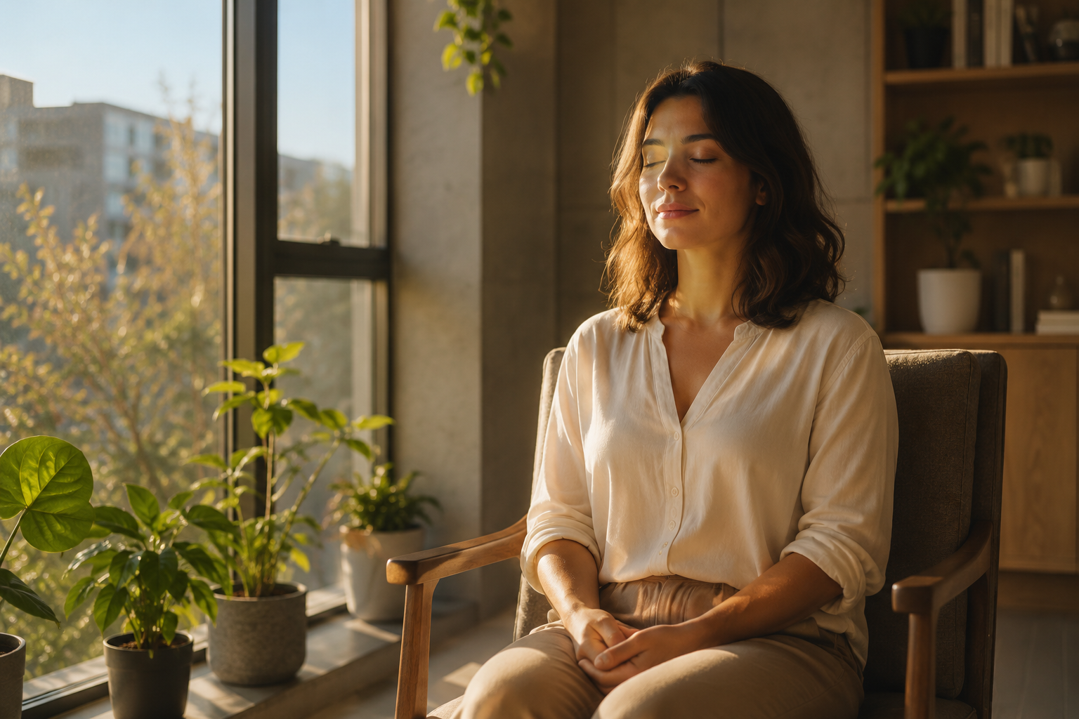 Personne sereine en pleine conscience près d'une fenêtre lumineuse, ambiance de coaching bien-être