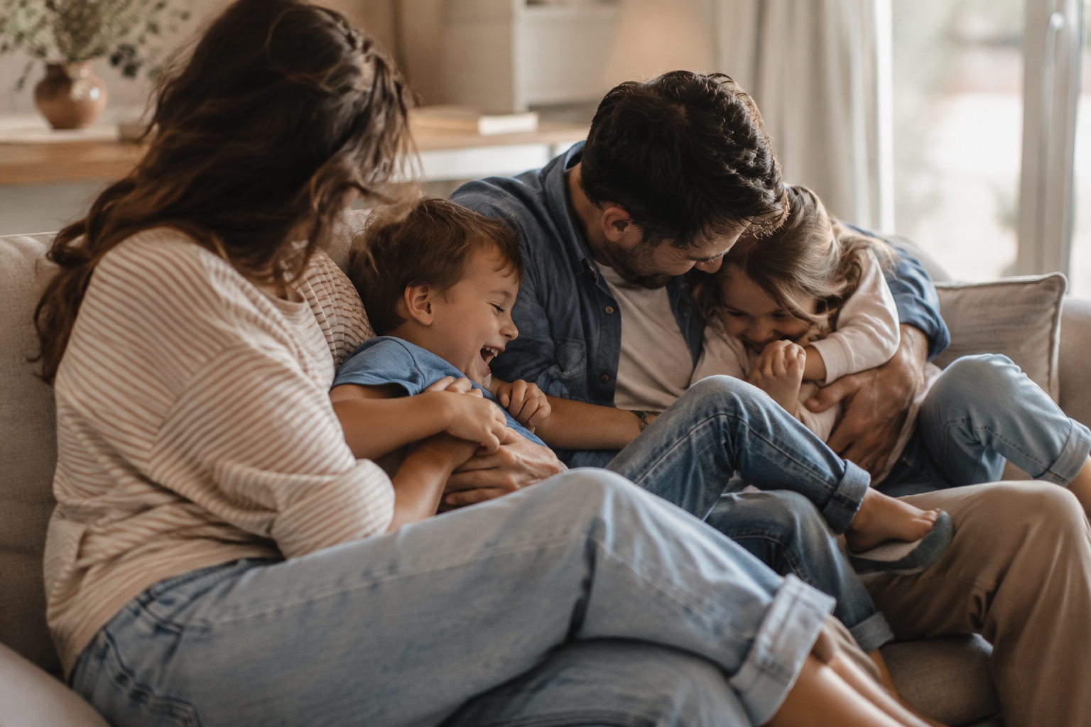 Famille complice et sereine partageant un moment tendre a la maison, illustrant le coaching parental au quotidien
