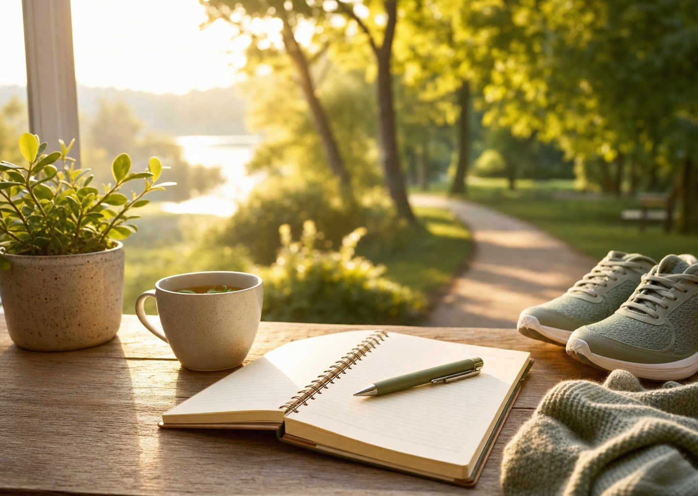 Carnet d'objectifs, tasse de tisane et chaussures de marche sur un bureau lumineux ouvert sur la nature, évoquant l'accompagnement du coaching santé