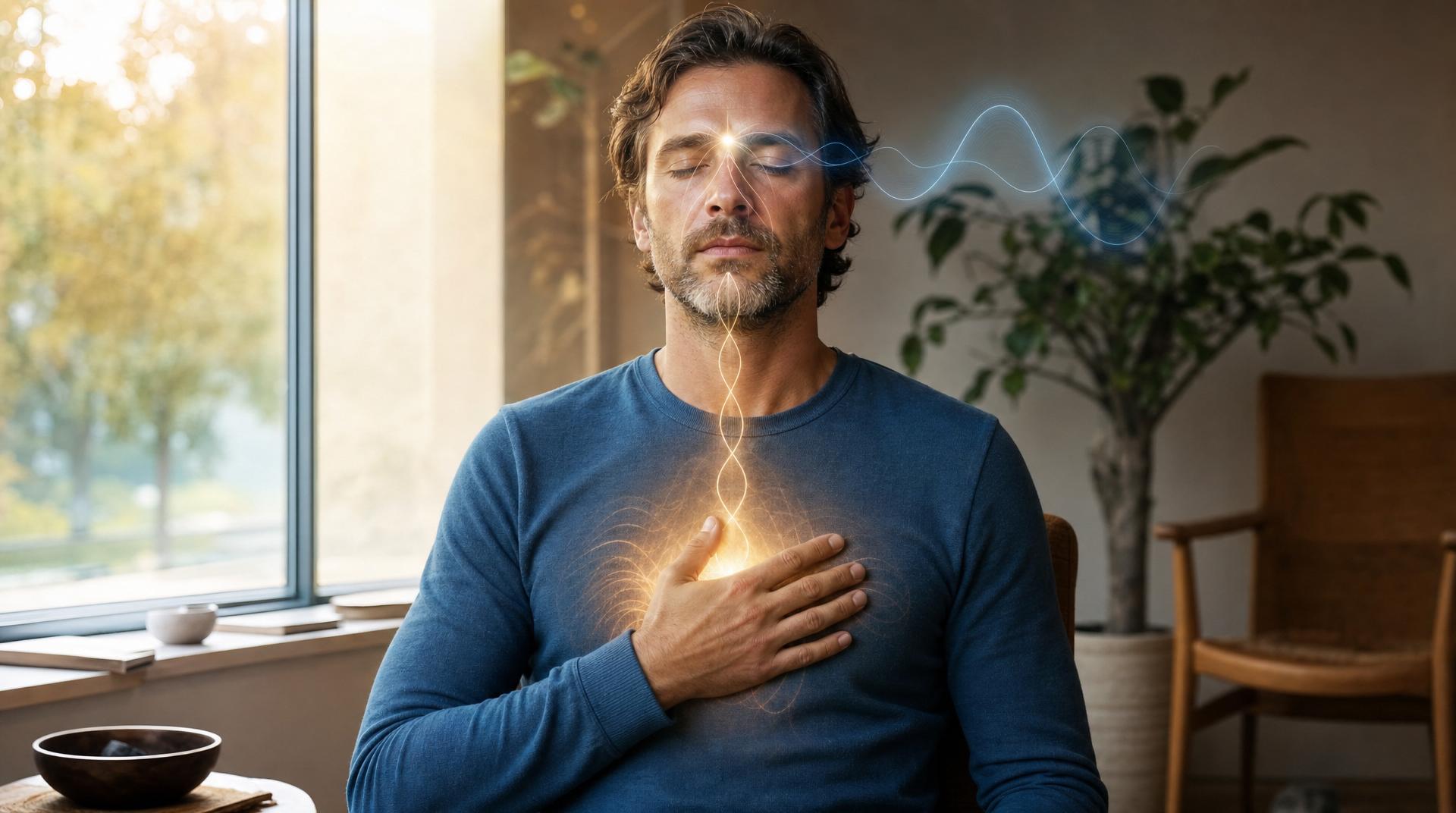 Personne pratiquant la cohérence cardiaque avec visualisation de la synchronisation cœur-cerveau