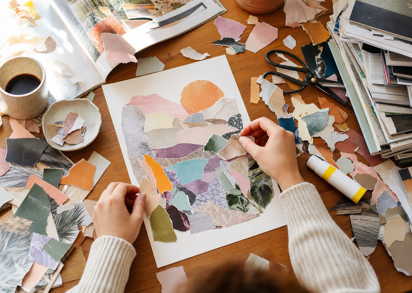 Table d'atelier créatif vue de dessus : collage en cours avec papiers colorés déchirés, ciseaux, colle et magazines, mains en action