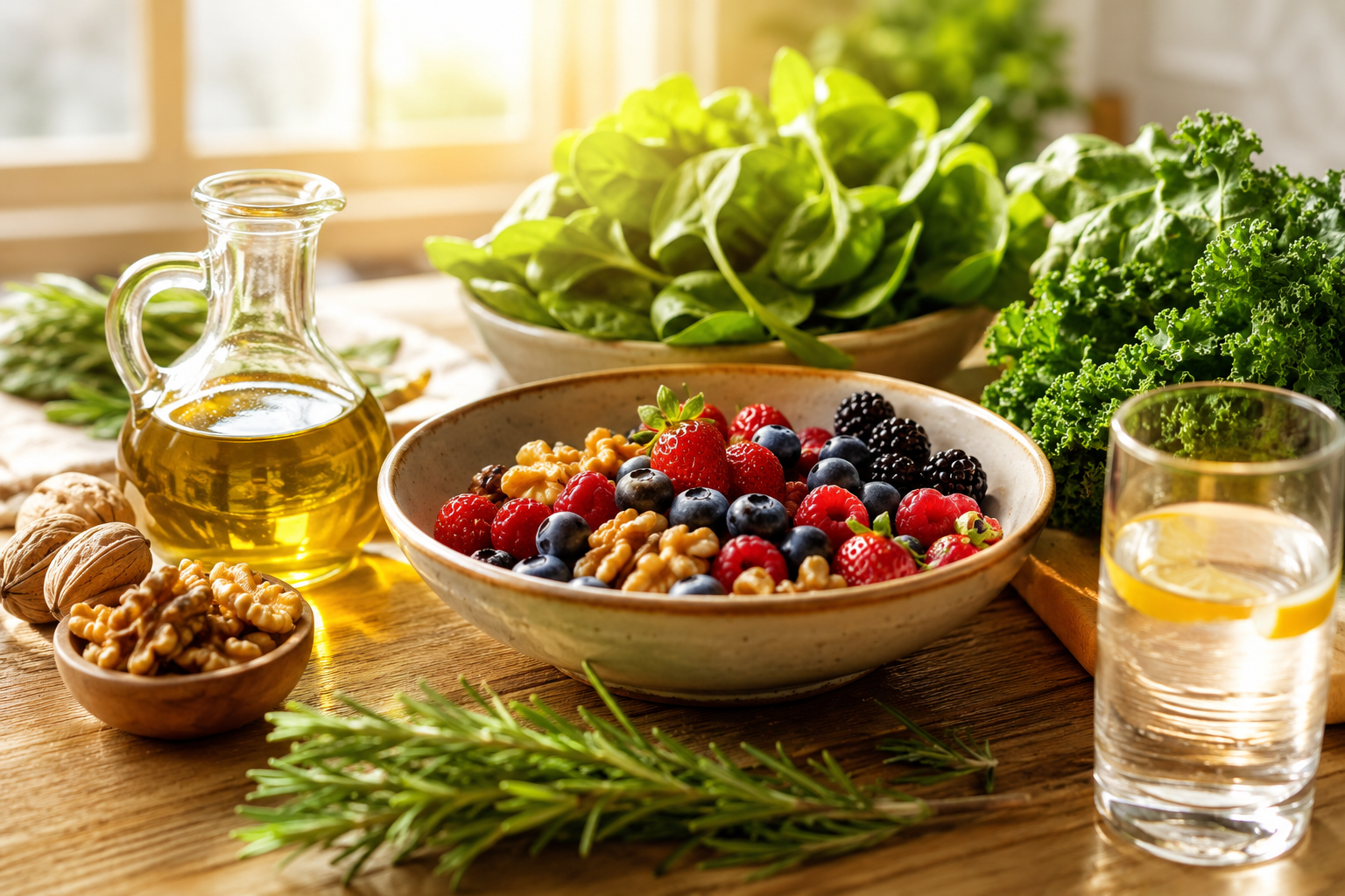 Table ensoleillée avec baies fraîches, noix, légumes verts et huile d'olive évoquant la vitalité et une longévité sereine