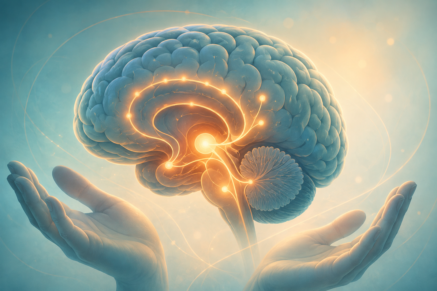 Cerveau stylisé avec circuit de la récompense lumineux, ambiance apaisée et bienveillante