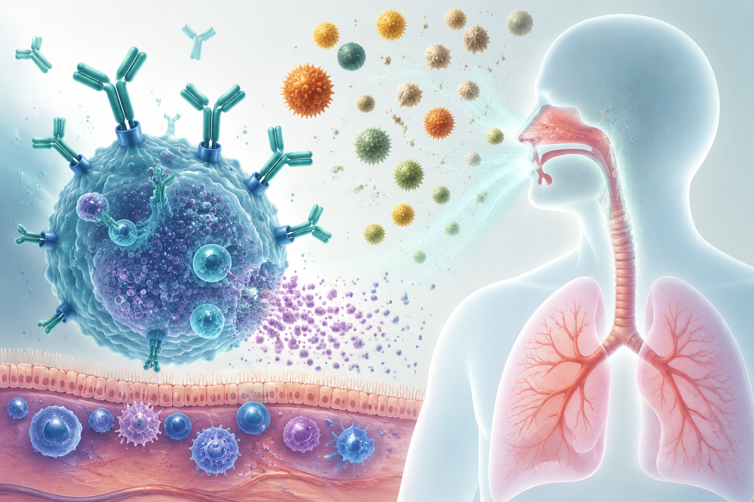 Illustration éducative des mécanismes immunitaires de l'allergie : anticorps IgE, mastocytes et libération d'histamine