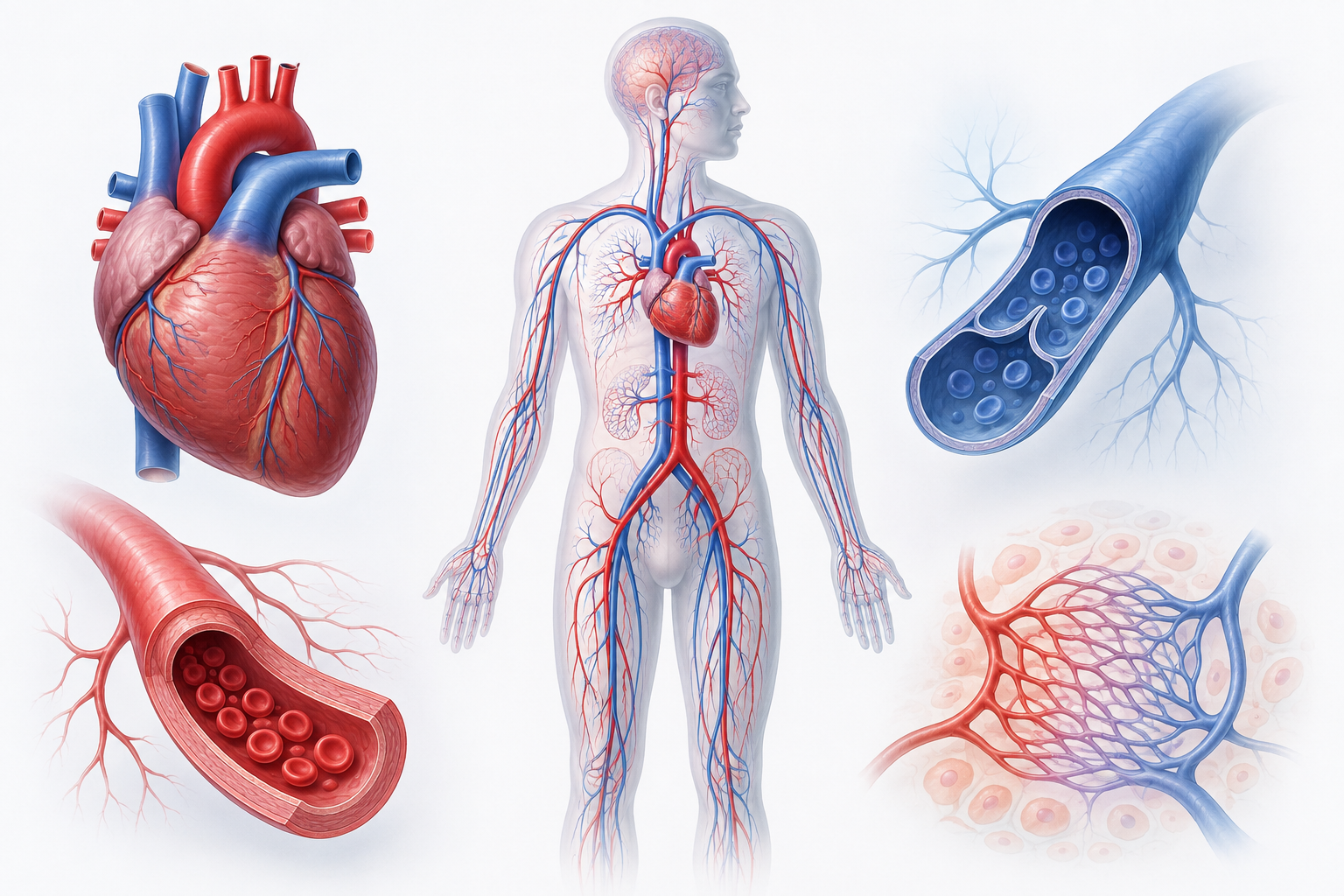 Schéma éducatif du système circulatoire humain : cœur, artères en rouge, veines en bleu et réseau de capillaires de la microcirculation