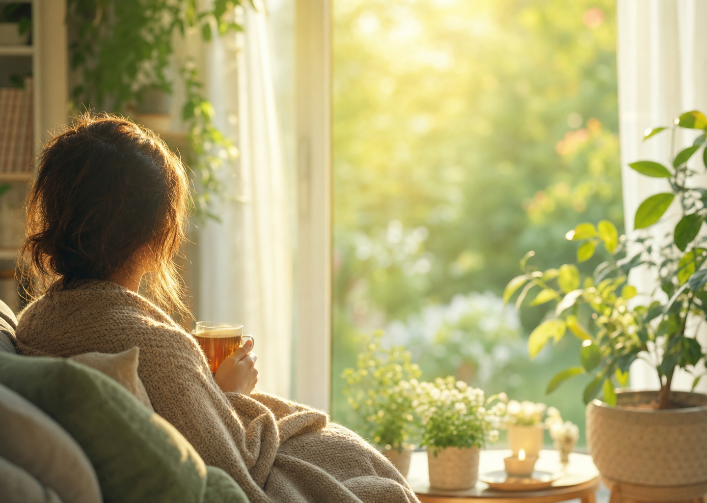 Intérieur lumineux et apaisant baigné d'une douce lumière naturelle, évoquant l'espoir et le rétablissement, pour un article bienveillant sur la dépression