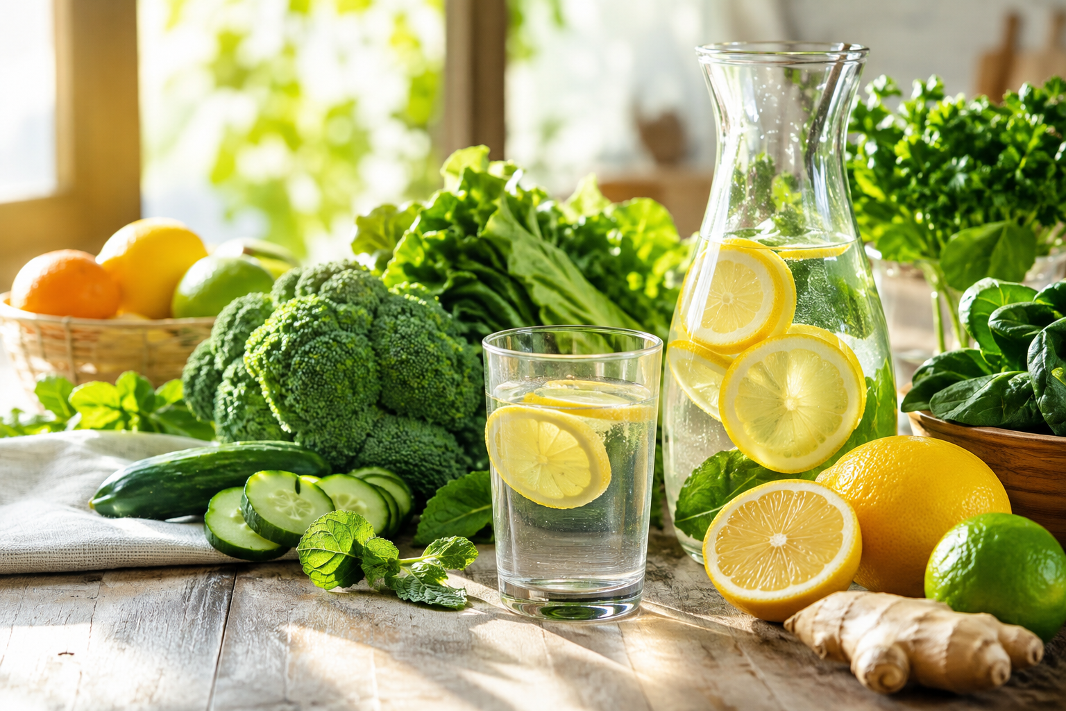 Verre d'eau citronnée, légumes verts frais et fruits colorés sur une table en bois, lumière naturelle, évoquant l'élimination naturelle et une bonne hygiène de vie